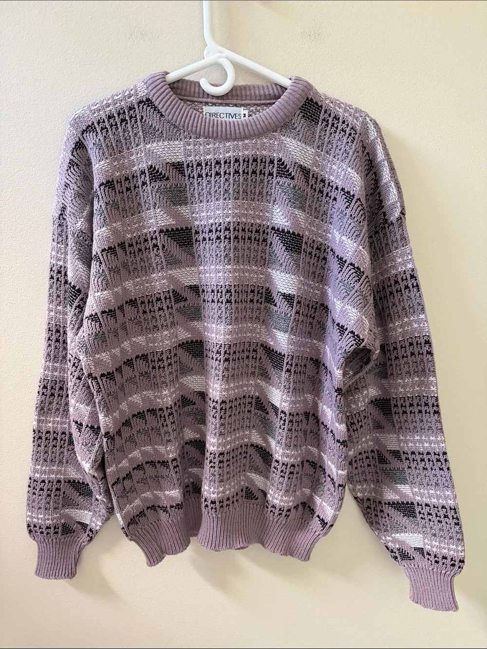 Vintage 90s Men's Purple, Black, Grey Abstract Patterned Crewneck Sweater, Sz M